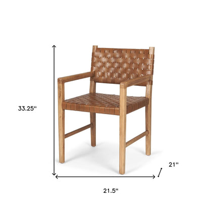 Brown Woven Leather And Solid Wood Dining Arm Chair HomeRoots