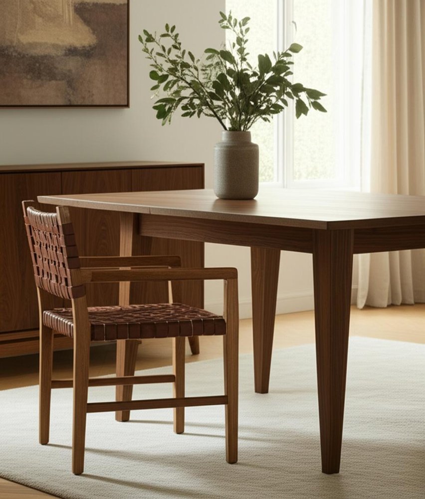 Brown Woven Leather And Solid Wood Dining Arm Chair HomeRoots
