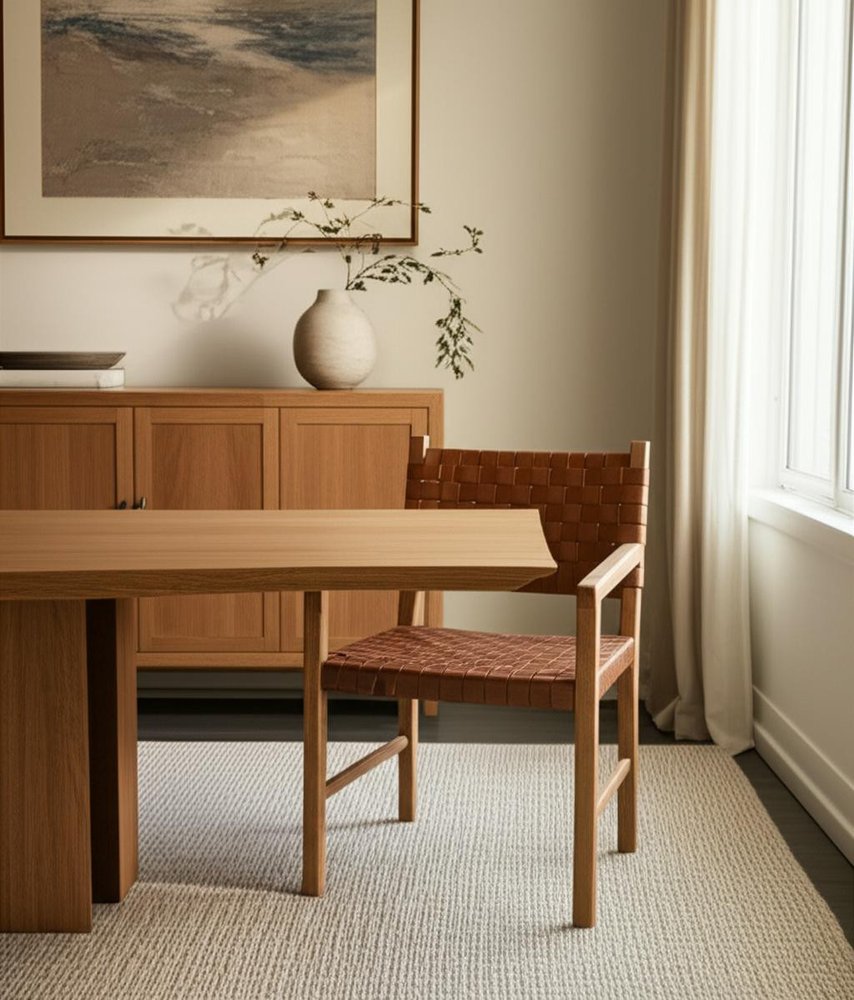 Brown Woven Leather And Solid Wood Dining Arm Chair HomeRoots