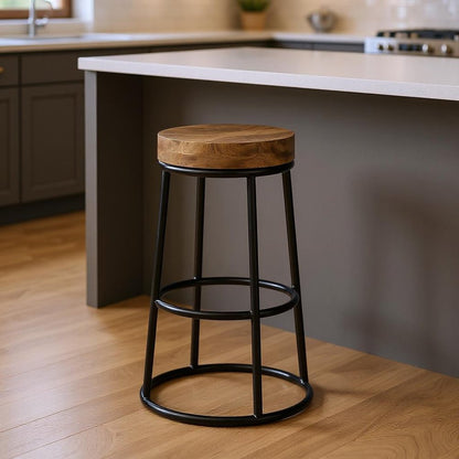 26" Natural And Black Solid Wood And Iron Backless Counter Height Bar Chair HomeRoots