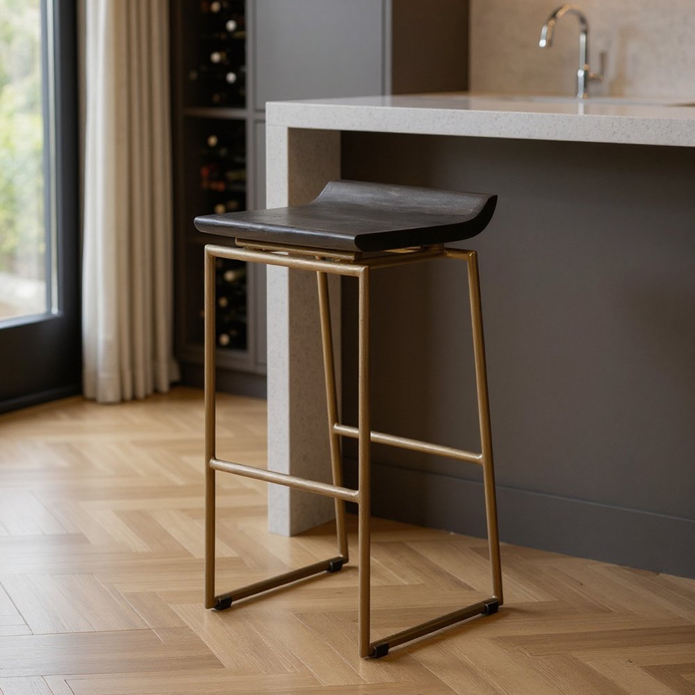 30" Black And Gold Solid Wood And Metal Backless Bar Height Bar Chair HomeRoots