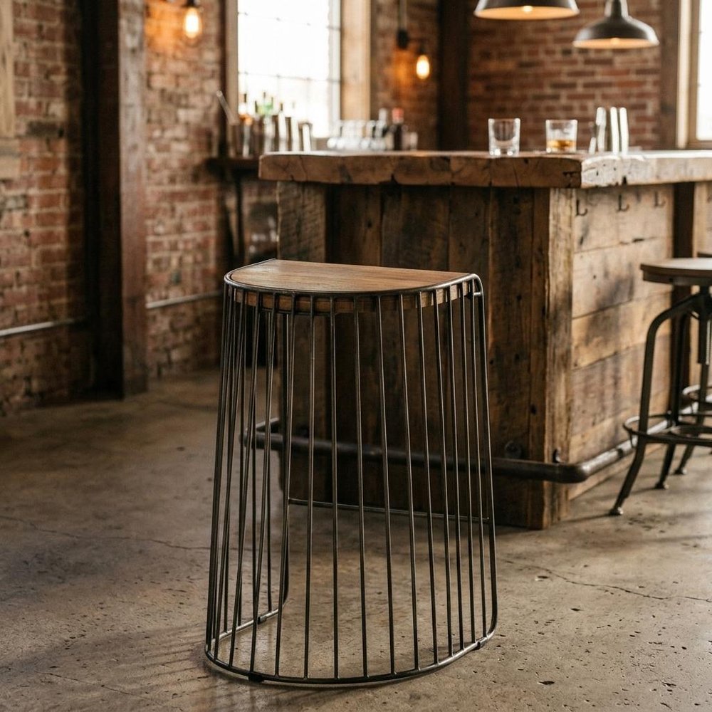 26" Natural And Black Solid Wood And Iron Backless Counter Height Bar Chair — view 9