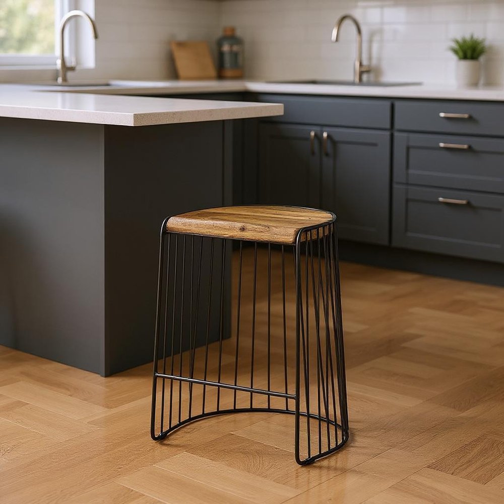 26" Natural And Black Solid Wood And Iron Backless Counter Height Bar Chair HomeRoots