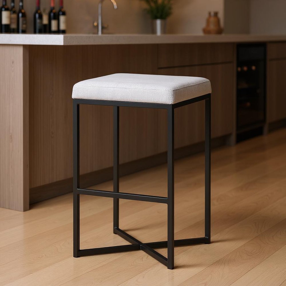 30" White And Black Fabric And Iron Backless Bar Height Bar Chair HomeRoots