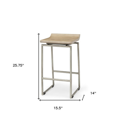 25" Natural And Silver Solid Wood And Iron Low Back Counter Height Bar Chair HomeRoots