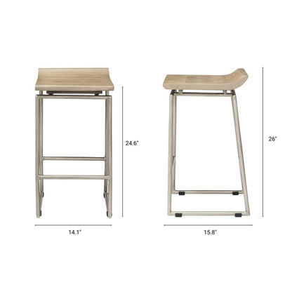25" Natural And Silver Solid Wood And Iron Low Back Counter Height Bar Chair HomeRoots