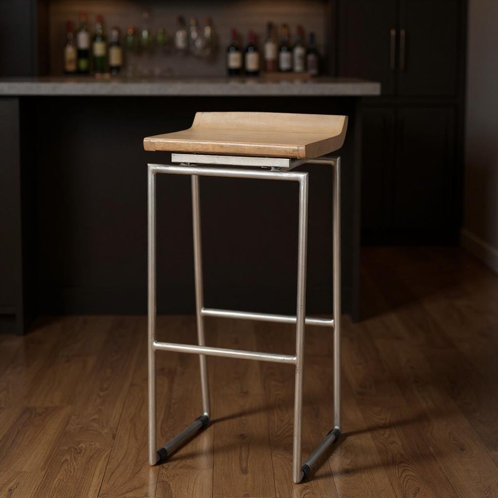 31" Natural And Silver Solid Wood And Iron Low Back Bar Height Bar Chair HomeRoots