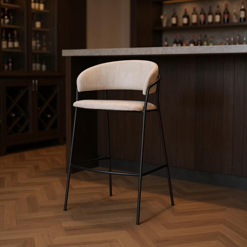 30" Cream And Black Fabric And Metal Bar Height Bar Chair HomeRoots