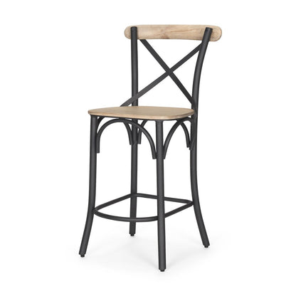 26" Natural And Gray Solid Wood And Iron Counter Height Bar Chair HomeRoots