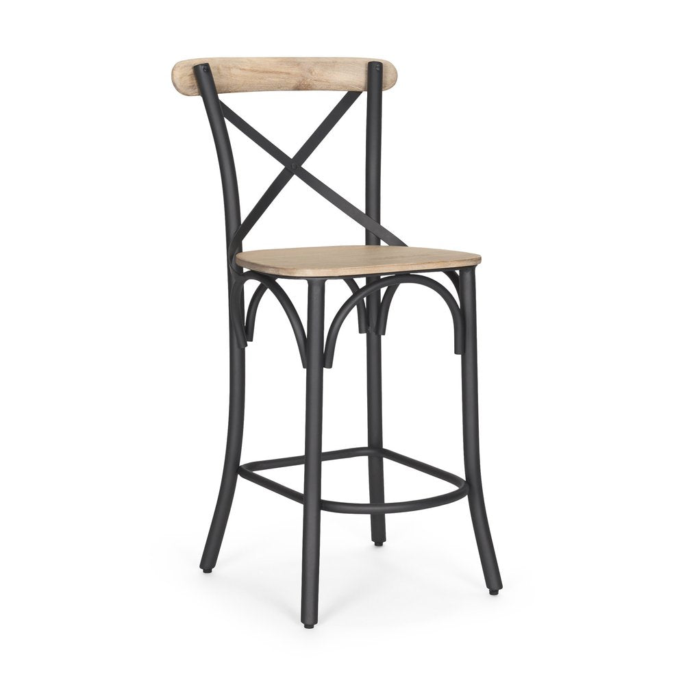 26" Natural And Gray Solid Wood And Iron Counter Height Bar Chair HomeRoots