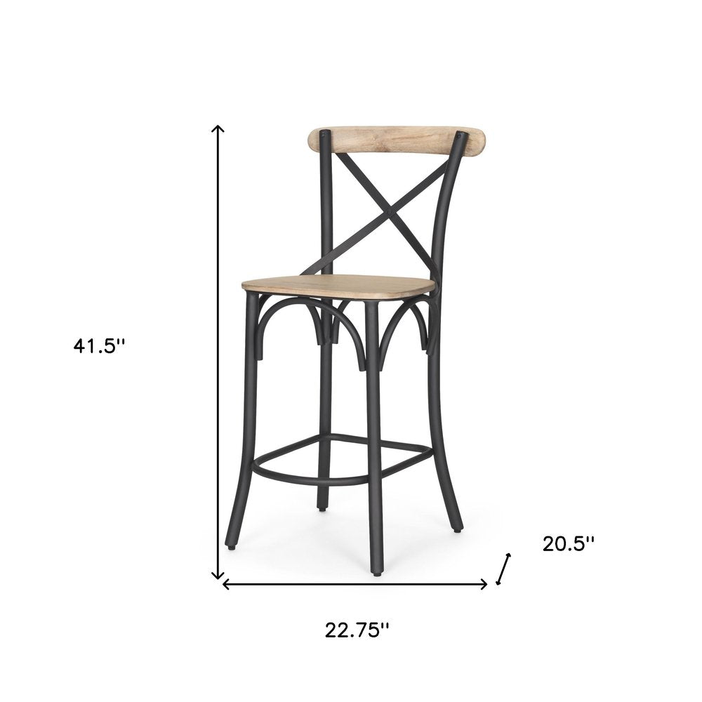 26" Natural And Gray Solid Wood And Iron Counter Height Bar Chair HomeRoots