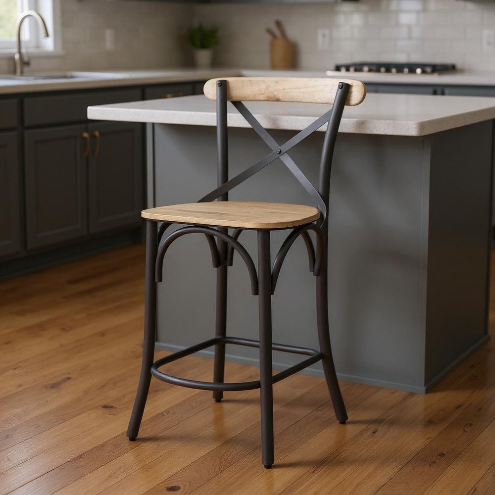 26" Natural And Gray Solid Wood And Iron Counter Height Bar Chair HomeRoots