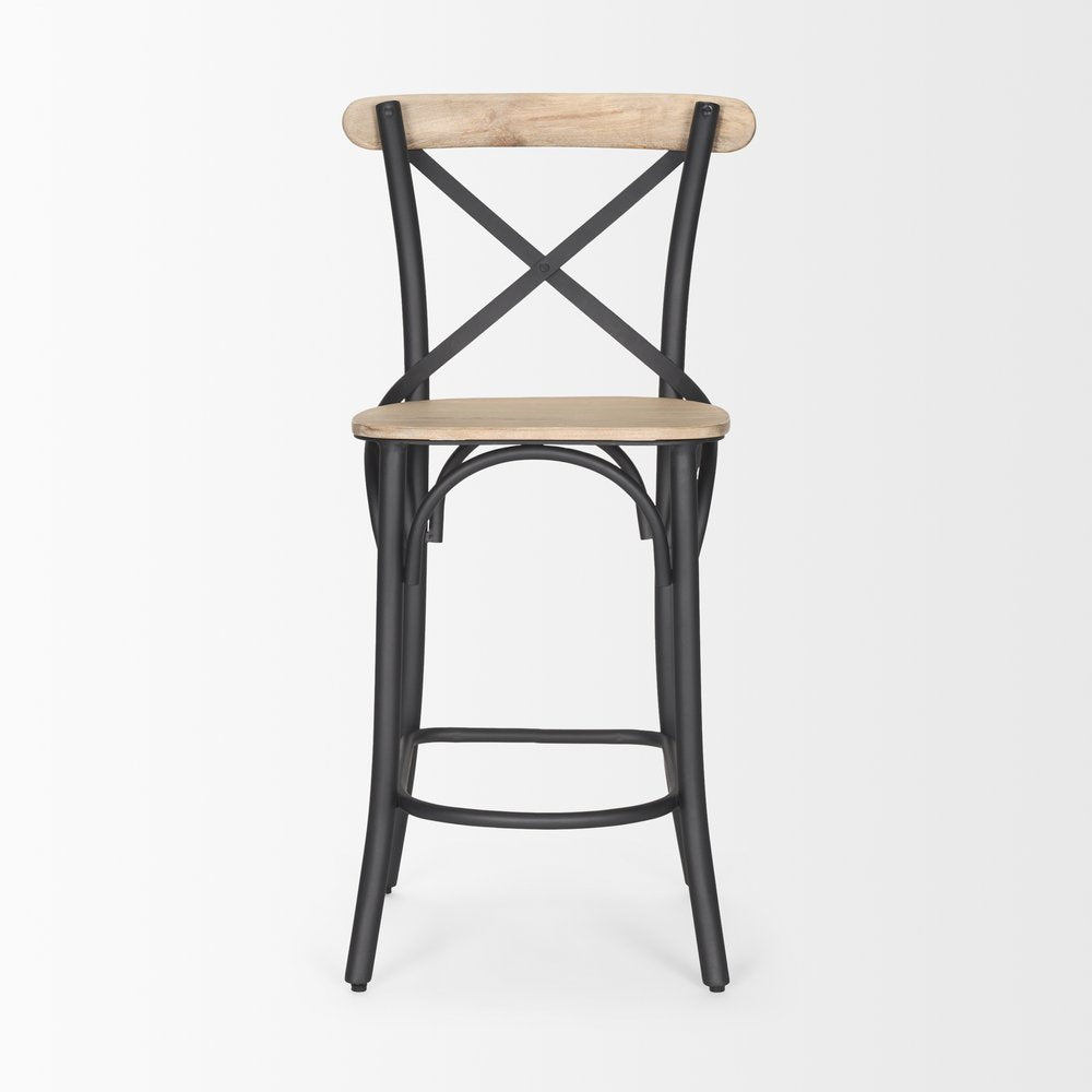 26" Natural and Gray Solid Wood and Iron Counter Height Bar Chair
