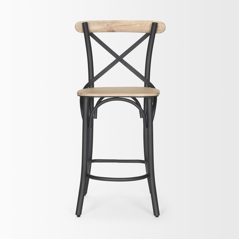 26" Natural And Gray Solid Wood And Iron Counter Height Bar Chair HomeRoots