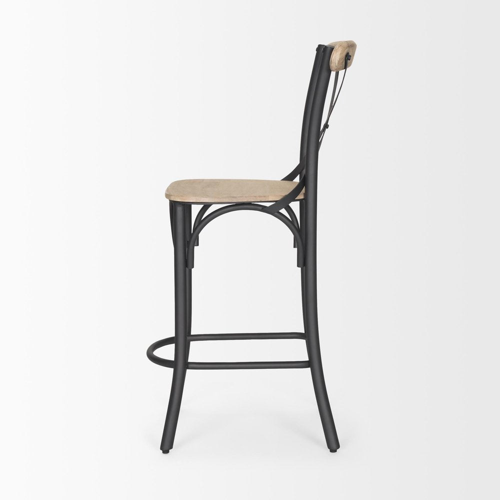 26" Natural And Gray Solid Wood And Iron Counter Height Bar Chair HomeRoots