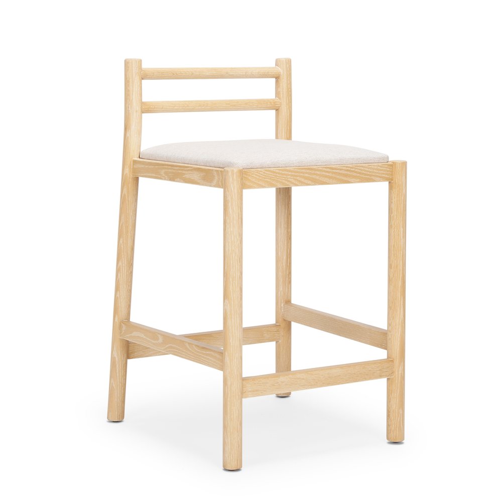 26" Beige And Natural Fabric And Solid Wood Low Back Counter Height Bar Chair HomeRoots