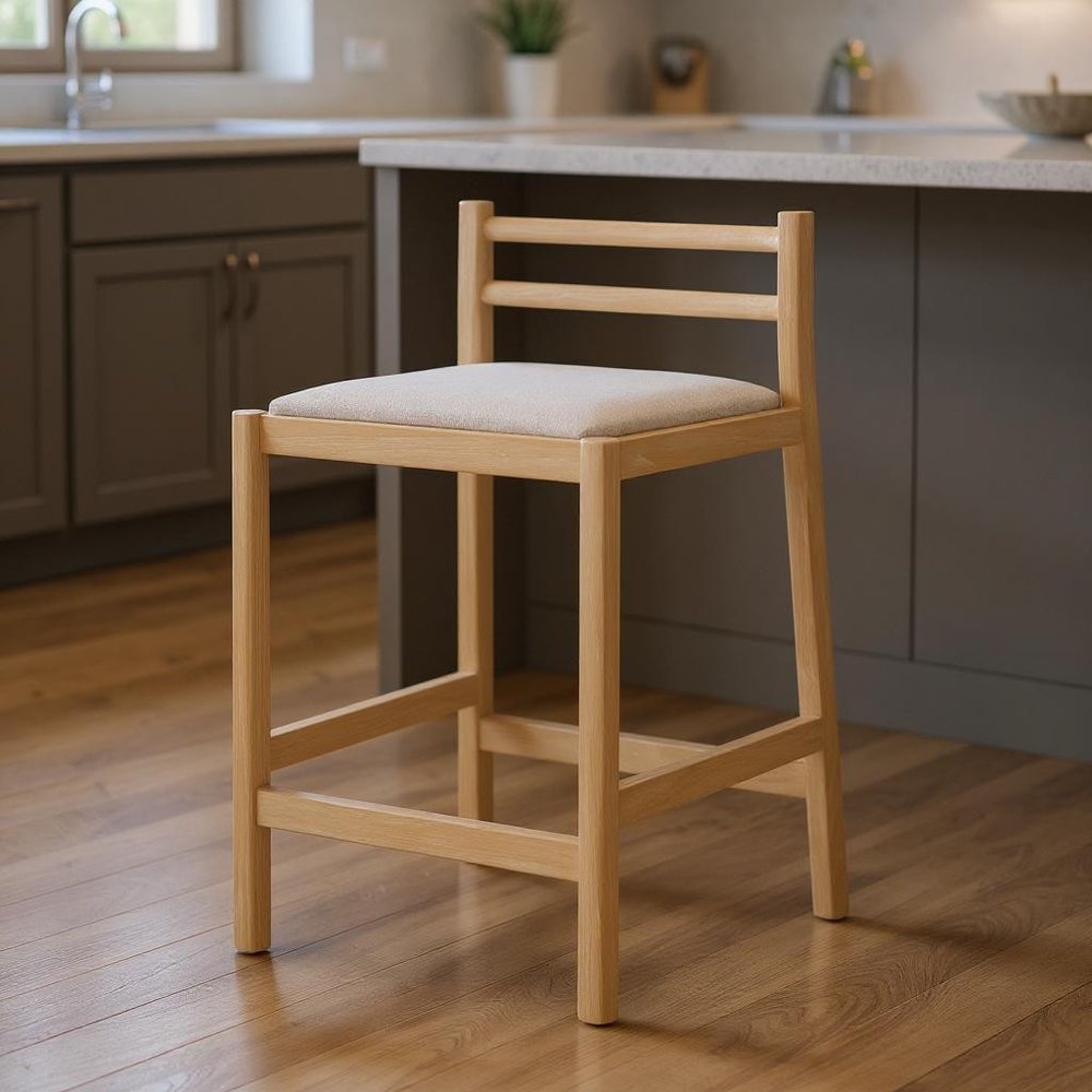 26" Beige And Natural Fabric And Solid Wood Low Back Counter Height Bar Chair HomeRoots