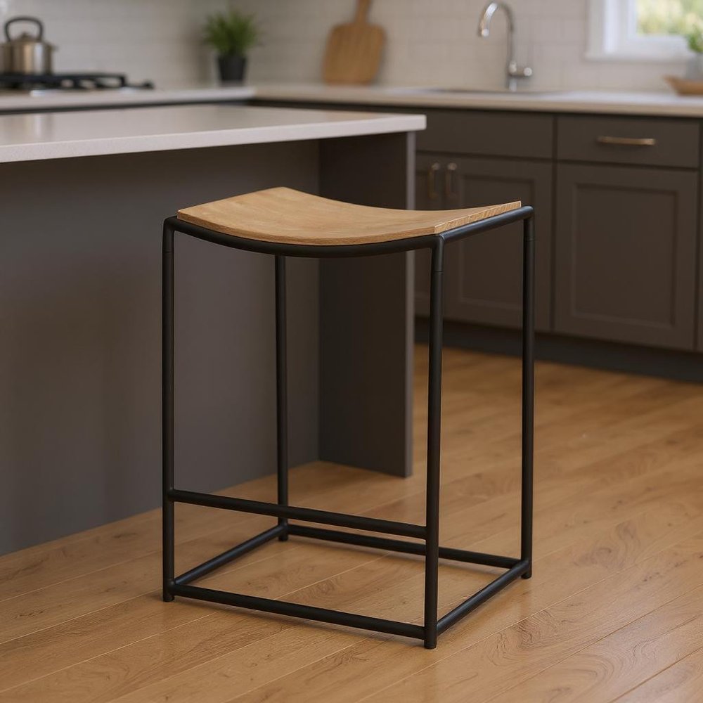 26" Natural And Black Solid Wood And Iron Backless Counter Height Bar Chair HomeRoots
