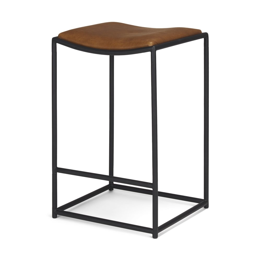 27" Brown And Black Genuine Leather And Iron Backless Counter Height Bar Chair HomeRoots