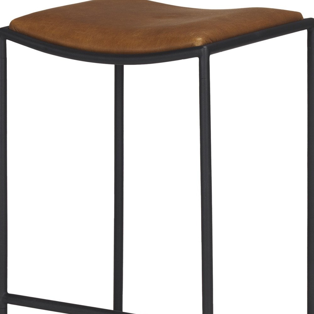 27" Brown And Black Genuine Leather And Iron Backless Counter Height Bar Chair HomeRoots