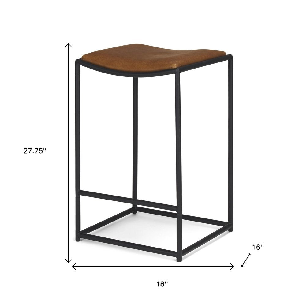 27" Brown And Black Genuine Leather And Iron Backless Counter Height Bar Chair HomeRoots