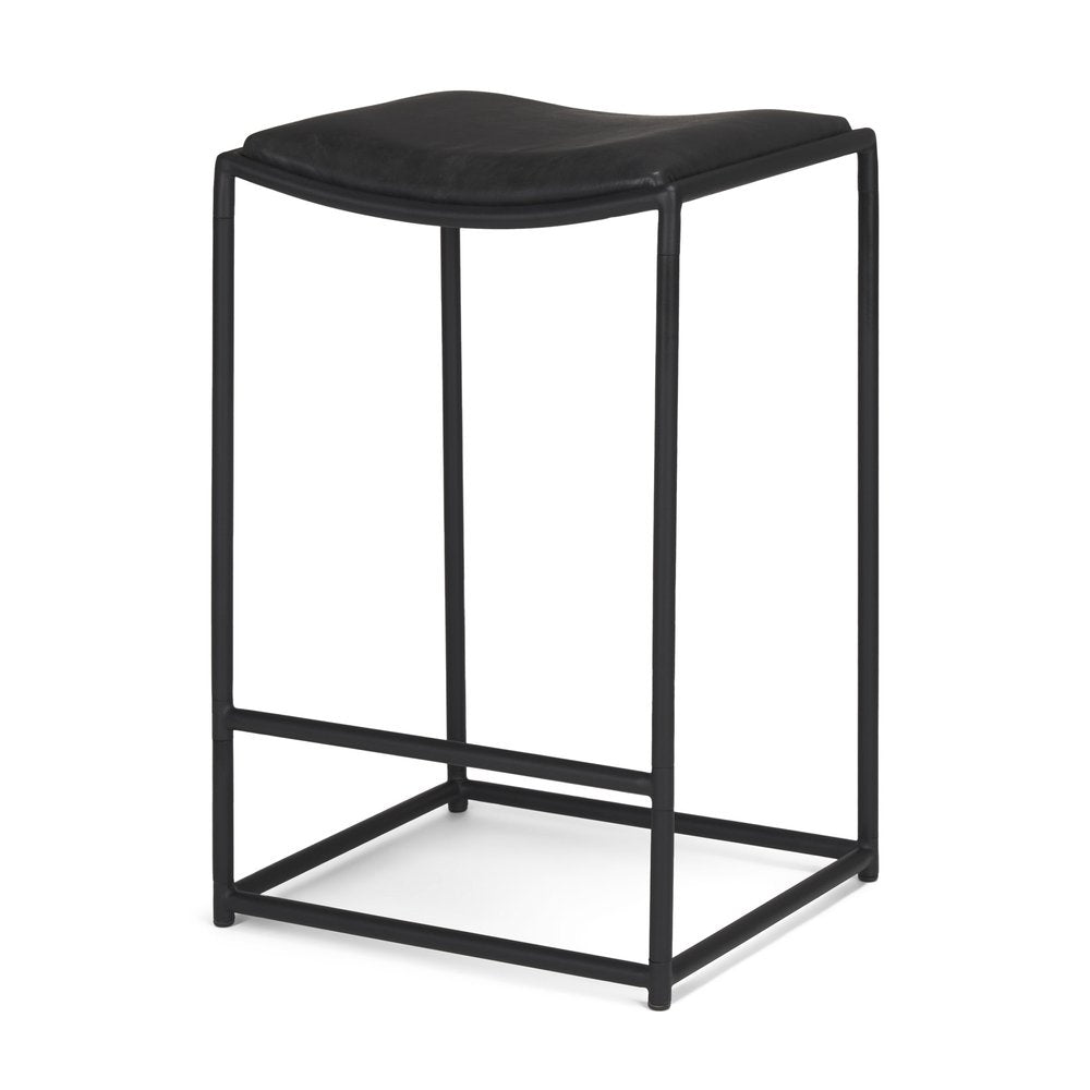 27" Black Genuine Leather And Iron Backless Counter Height Bar Chair HomeRoots