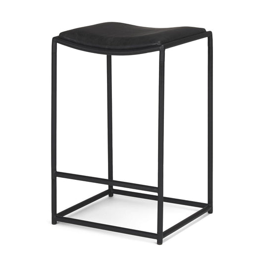 27" Black Genuine Leather And Iron Backless Counter Height Bar Chair HomeRoots