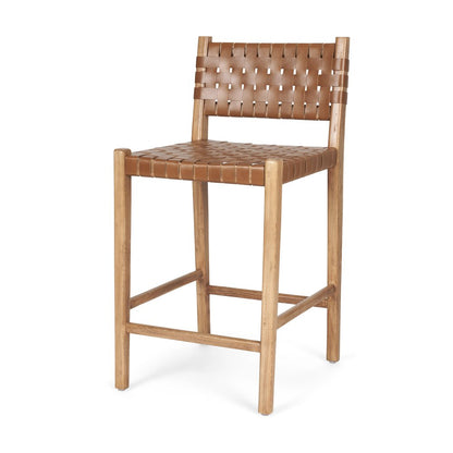 26" Brown and Natural Leather and Solid Wood Low Back Counter Height Bar Chair HomeRoots