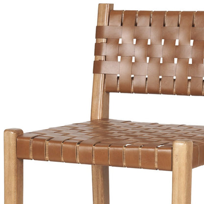 26" Brown and Natural Leather and Solid Wood Low Back Counter Height Bar Chair HomeRoots