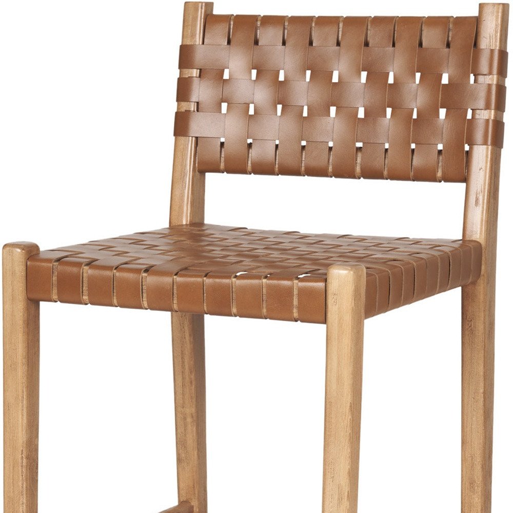 26" Brown and Natural Leather and Solid Wood Low Back Counter Height Bar Chair HomeRoots