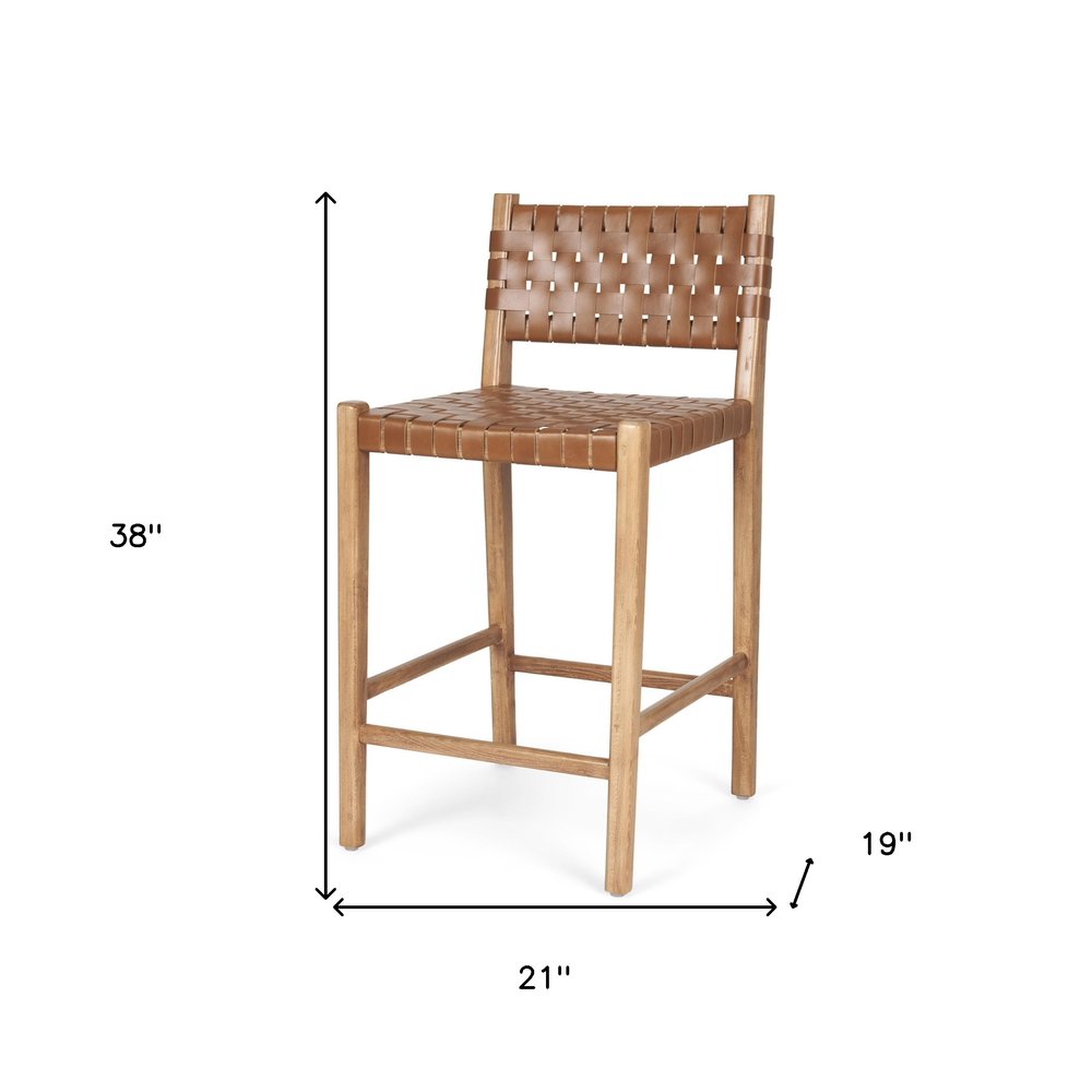 26" Brown and Natural Leather and Solid Wood Low Back Counter Height Bar Chair HomeRoots