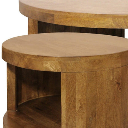 Set of Two Walnut Solid Wood Round Distressed Solid Nested Coffee Tables HomeRoots