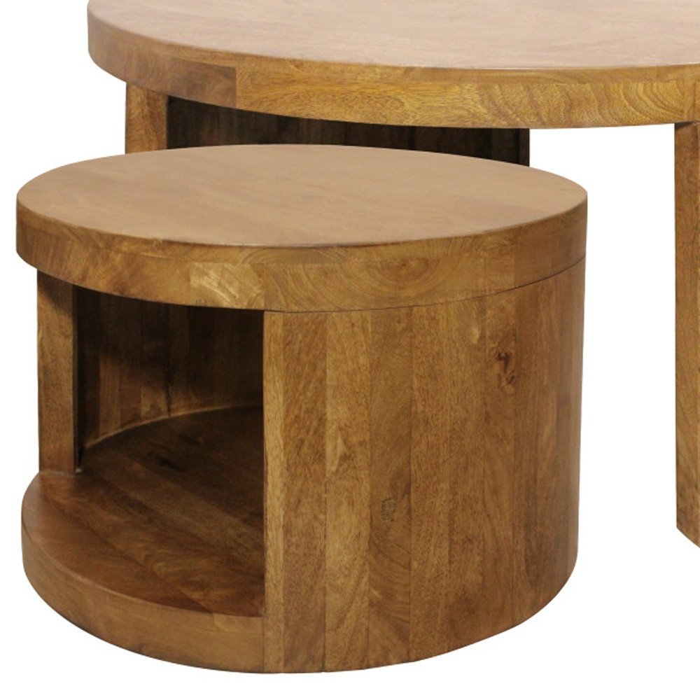 Set of Two Walnut Solid Wood Round Distressed Solid Nested Coffee Tables HomeRoots