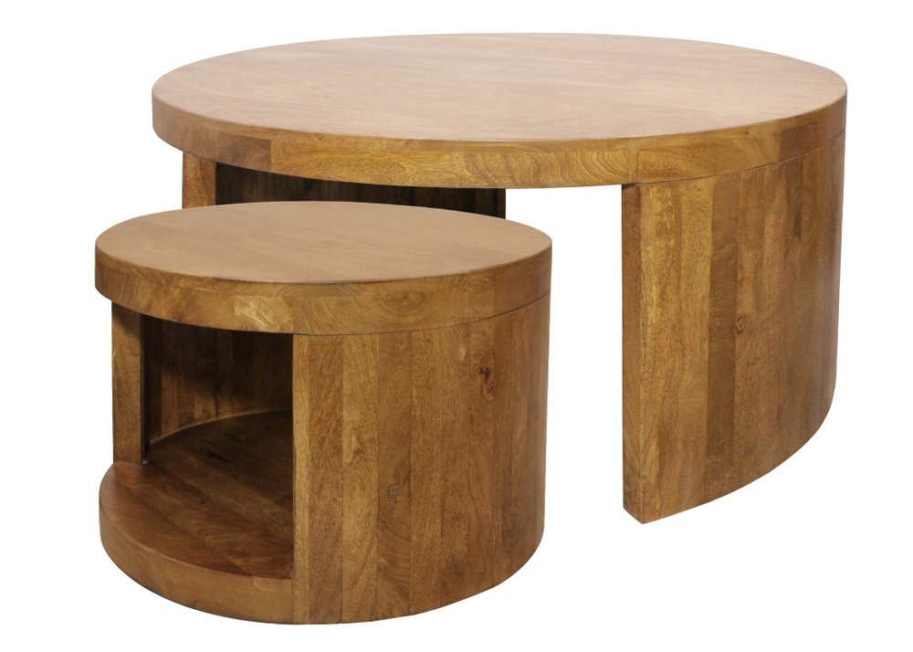 Set of Two Walnut Solid Wood Round Distressed Solid Nested Coffee Tables HomeRoots