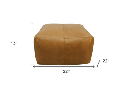 22" Tan Genuine Leather Pouf Ottoman HomeRoots