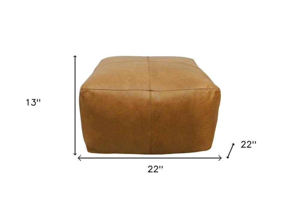 22" Tan Genuine Leather Pouf Ottoman HomeRoots