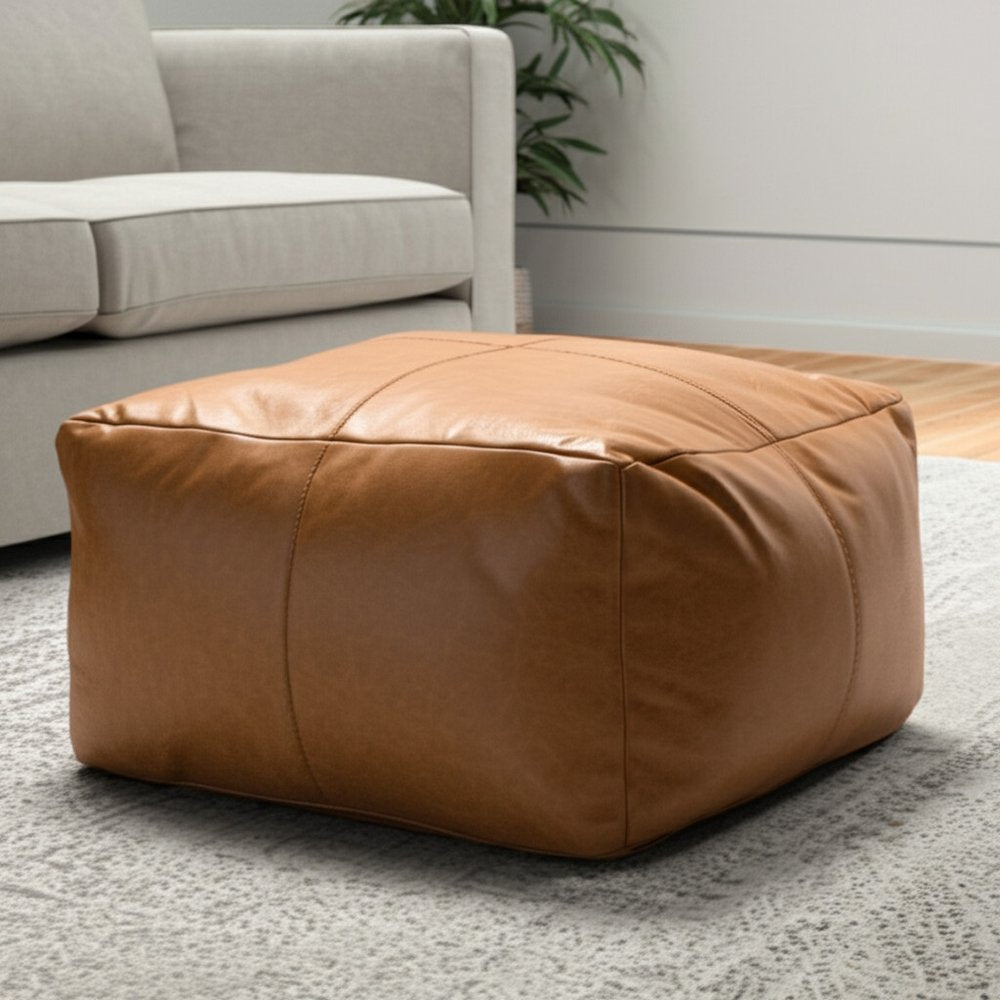 22" Tan Genuine Leather Pouf Ottoman HomeRoots