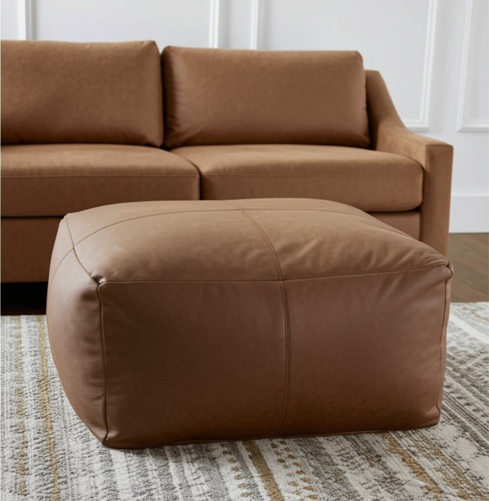 22" Brown Genuine Leather Pouf Ottoman HomeRoots