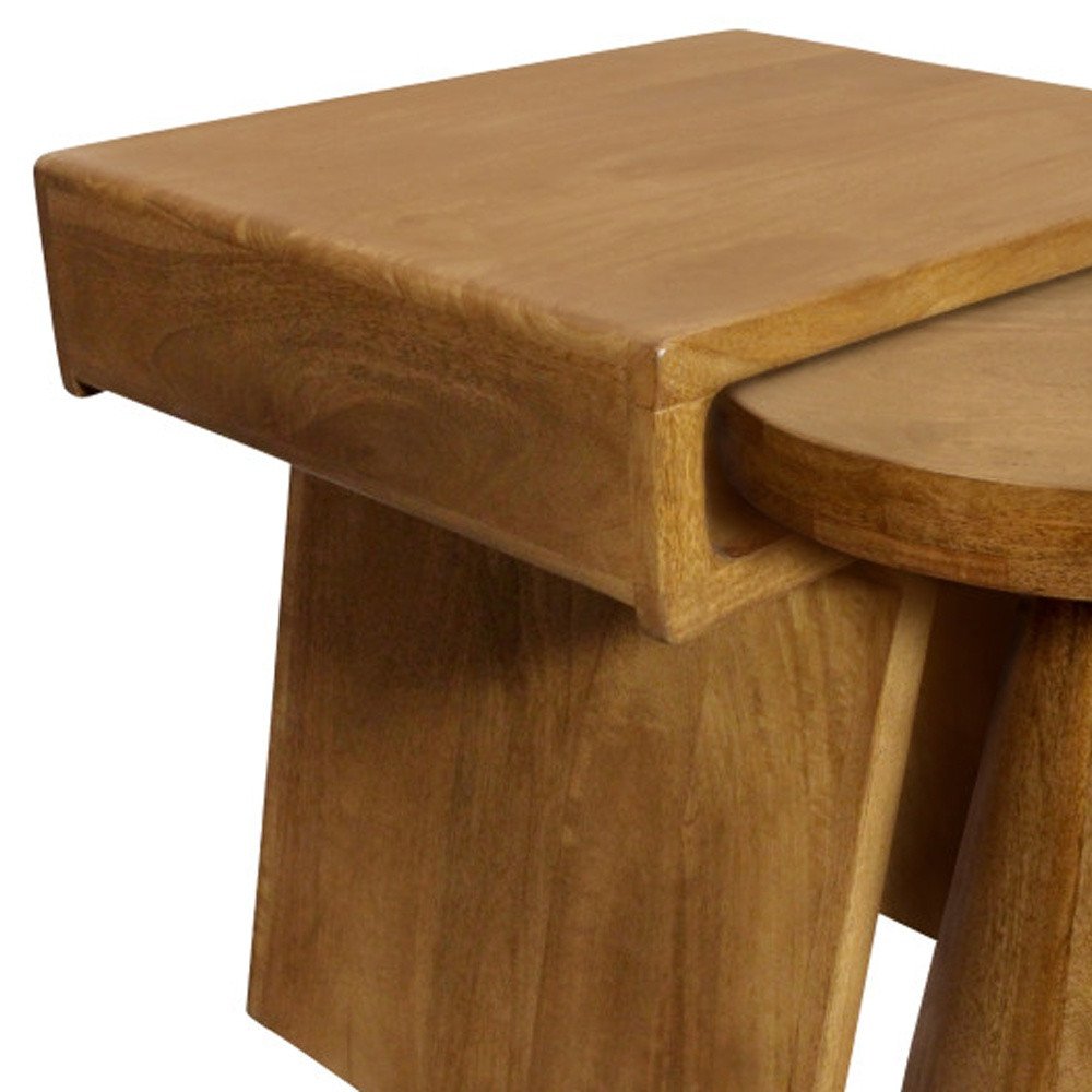 Set of Two Walnut Distressed Solid Wood Pedestal Nested Tables HomeRoots
