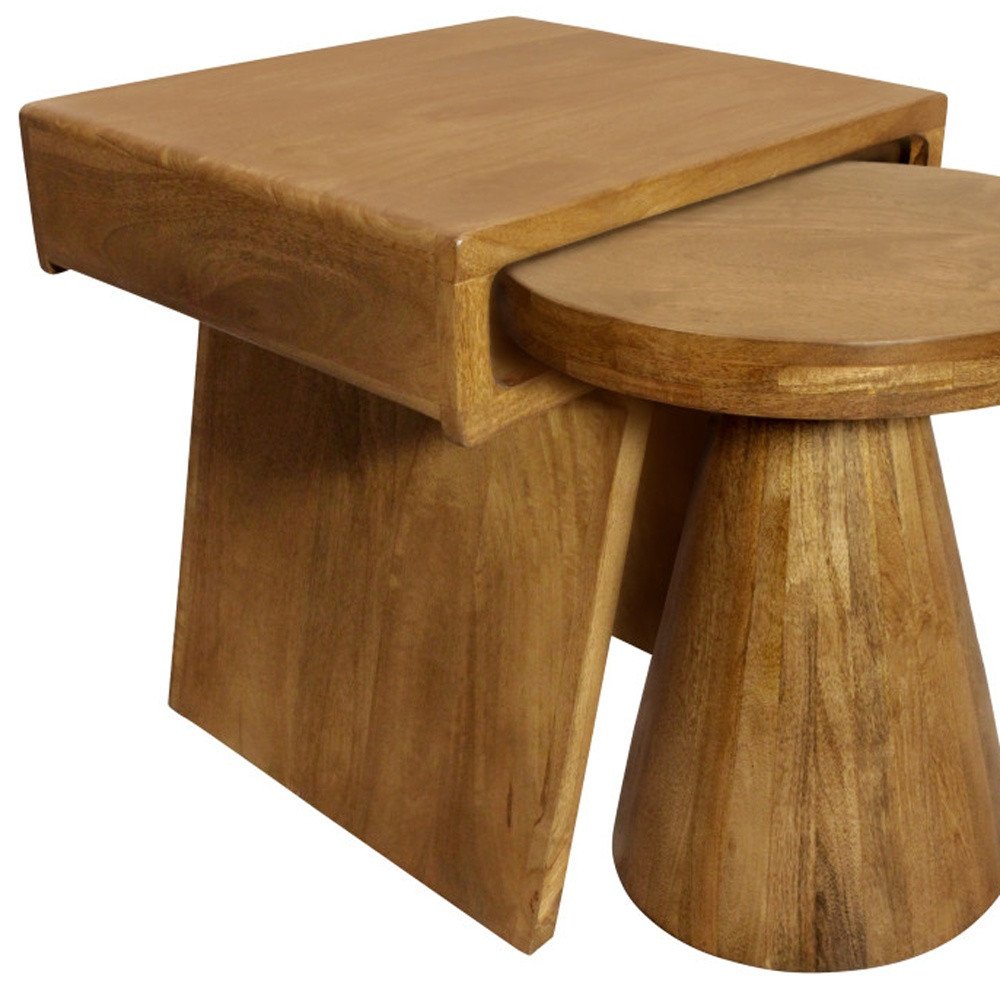 Set of Two Walnut Distressed Solid Wood Pedestal Nested Tables HomeRoots