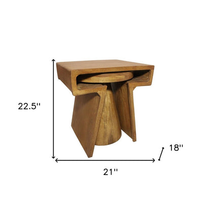 Set of Two Walnut Distressed Solid Wood Pedestal Nested Tables HomeRoots