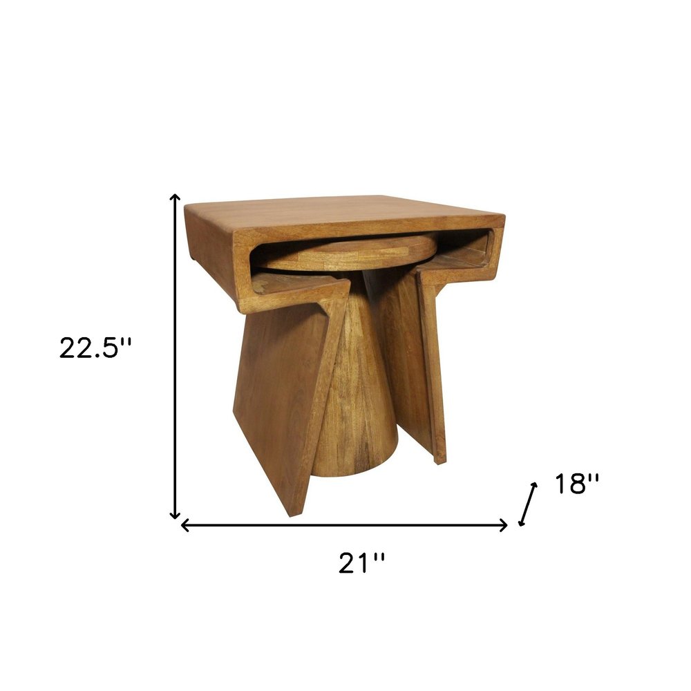 Set of Two Walnut Distressed Solid Wood Pedestal Nested Tables HomeRoots