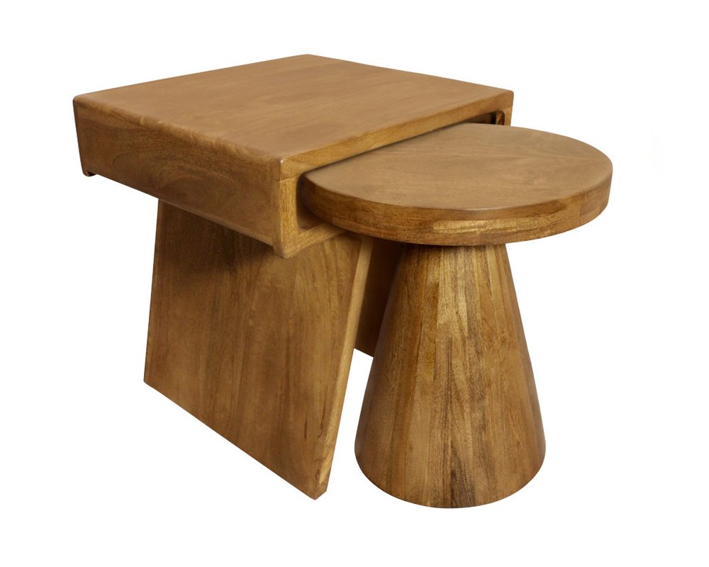 Set of Two Walnut Distressed Solid Wood Pedestal Nested Tables HomeRoots