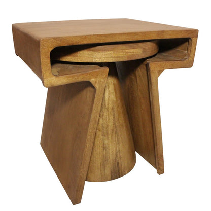 Set of Two Walnut Distressed Solid Wood Pedestal Nested Tables HomeRoots