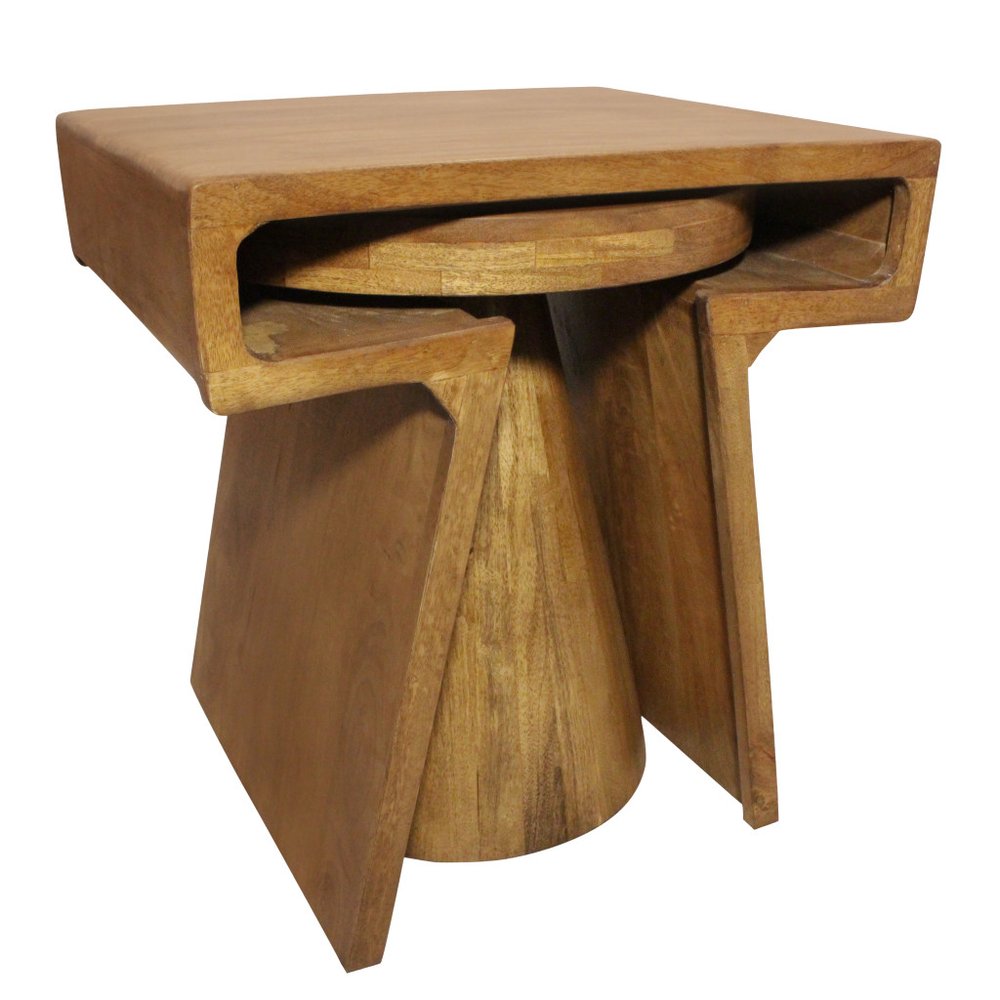 Set of Two Walnut Distressed Solid Wood Pedestal Nested Tables HomeRoots