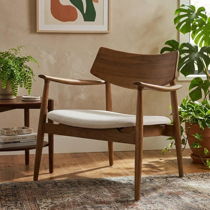 27" Brown And Cream Upholstery And Solid Wood Arm Chair