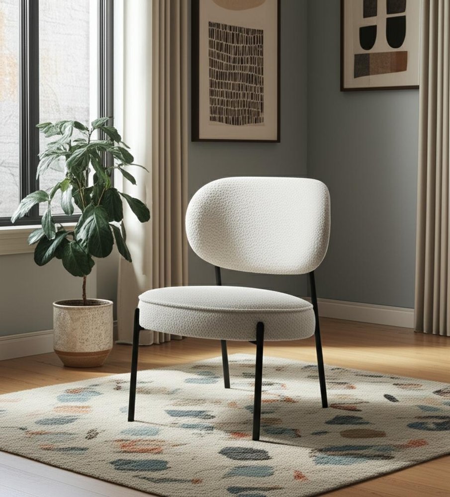 21" Cream and Black Boucle and Metal Lounge Chair HomeRoots