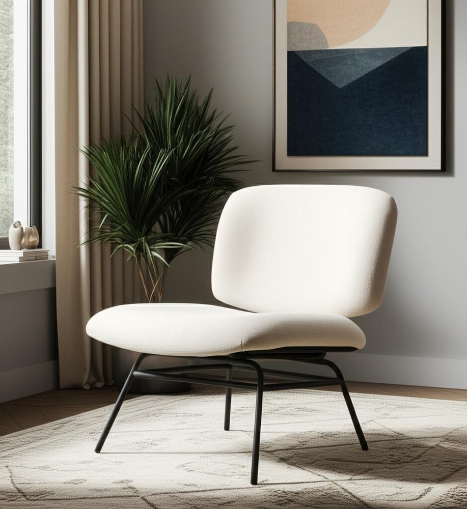 25" Cream and Black Chenille and Metal Slipper Chair HomeRoots