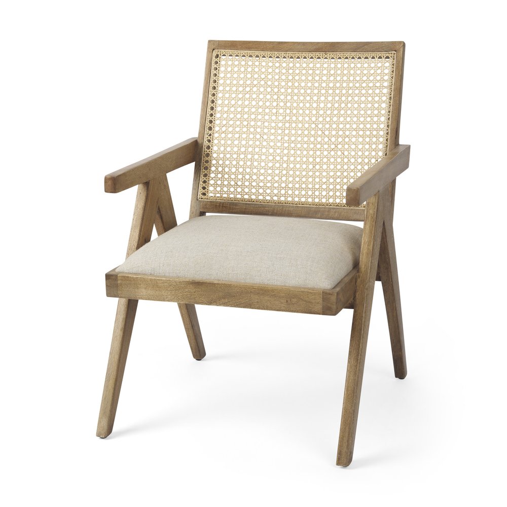 22" Beige and Natural Linen and Solid Wood Arm Chair HomeRoots