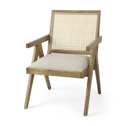 22" Beige and Natural Linen and Solid Wood Arm Chair HomeRoots